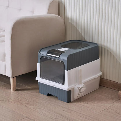 Cat Toilet Fully Enclosed Drawer Style Easy to Clean Portable Cat Manure Box with Splash Guard and Spoon on Top for Pet Supplies