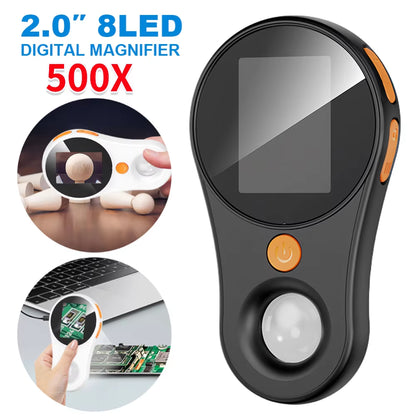 1000X/500X Handheld Digital Microscope Magnifier 2.0 Inch IPS Screen Microscopes with 8 LED Light for Kids USB Lab Equipment