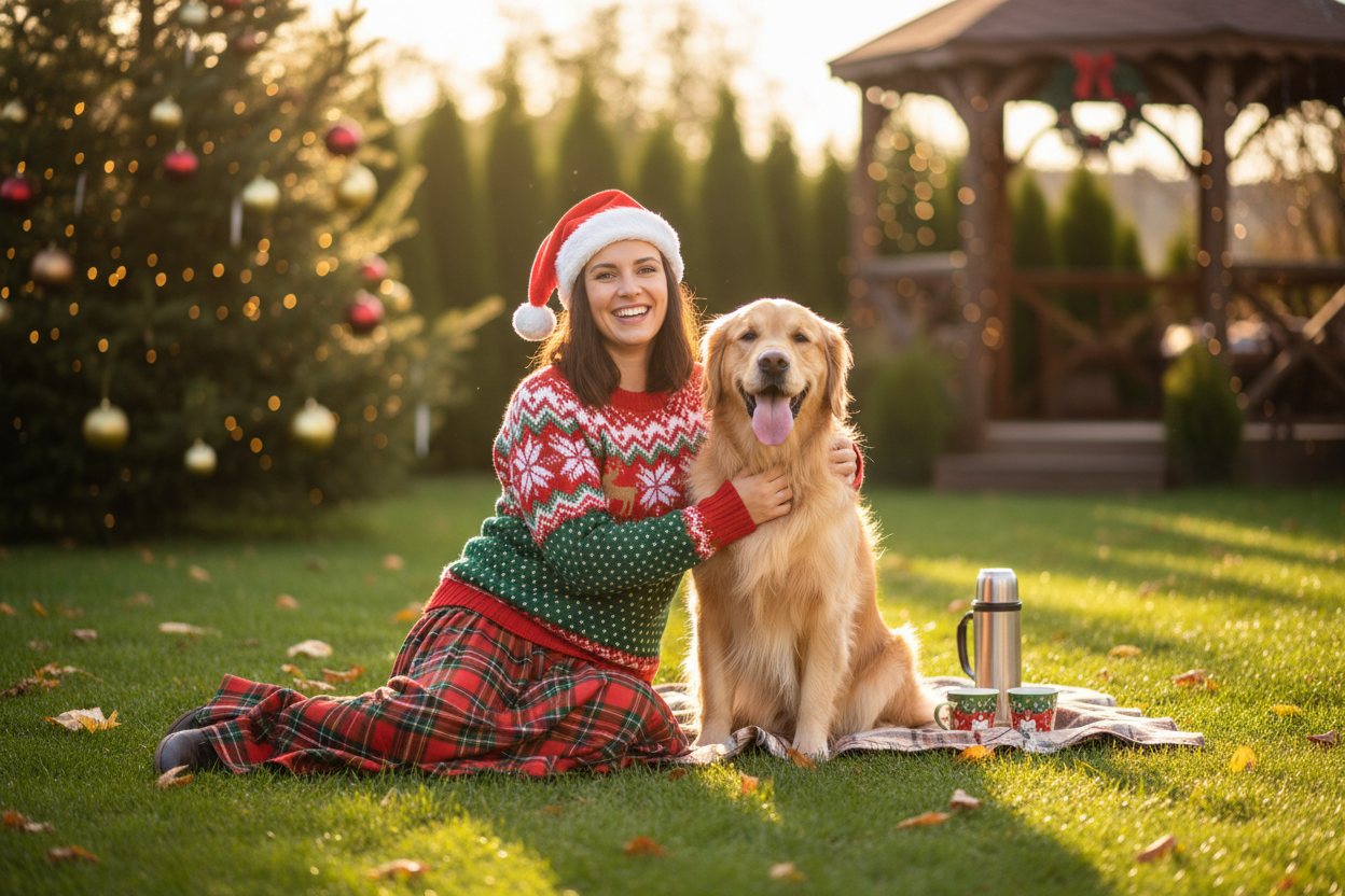 Woman sitting down on a grass with dog. The woman wearing christmas cloth and the dog tongue is out 